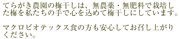 農薬を一度もしようしていない自家農園で採れた青梅を心をこめて、手作りでつけた梅干です。