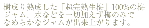 熟成した「超完熟生梅」１００％の梅ジャム。水などを一切加えず梅のみでなめらかなジャムが出来上がります。
