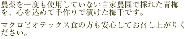農薬を一度も使用していない自家農園で採れた青梅を心を込めて手作りでつけた梅干です。マクロビオティック食の方も安心してお召し上がりください。