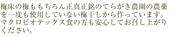 梅床の梅ももちろん正真正銘のてらがき農園の農薬を一度も使用していない梅干からつくっています。マクロビオティック食の方も安心してお召し上がりください。